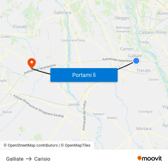 Galliate to Carisio map