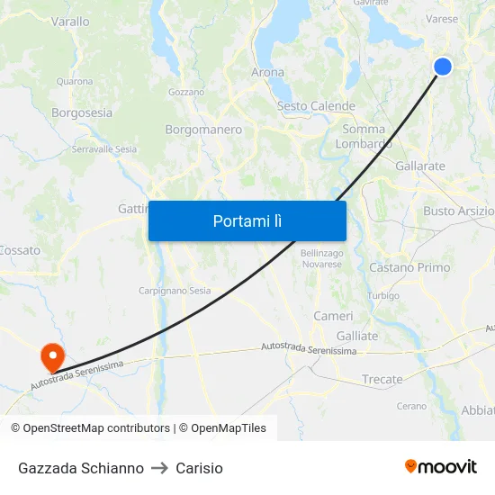 Gazzada Schianno to Carisio map
