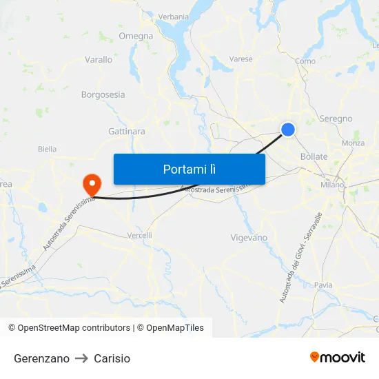 Gerenzano to Carisio map