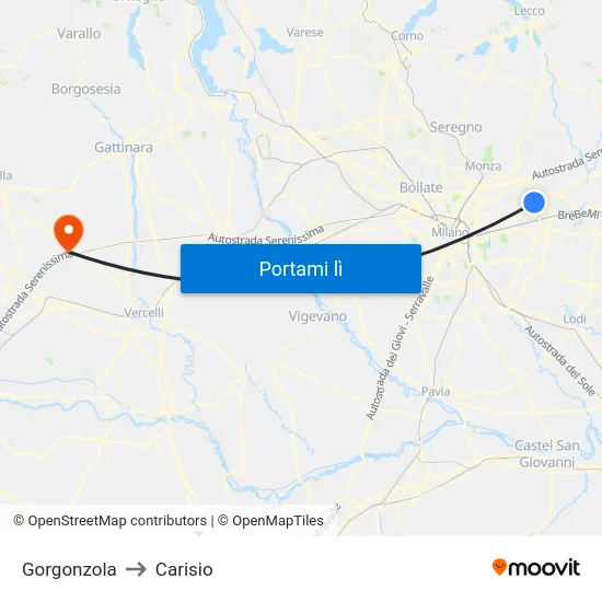 Gorgonzola to Carisio map