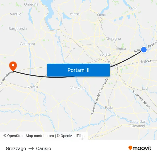 Grezzago to Carisio map