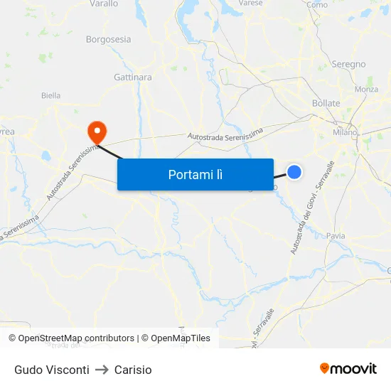 Gudo Visconti to Carisio map