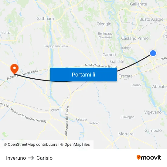 Inveruno to Carisio map
