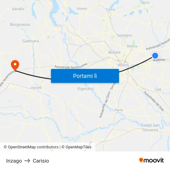 Inzago to Carisio map