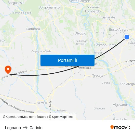 Legnano to Carisio map