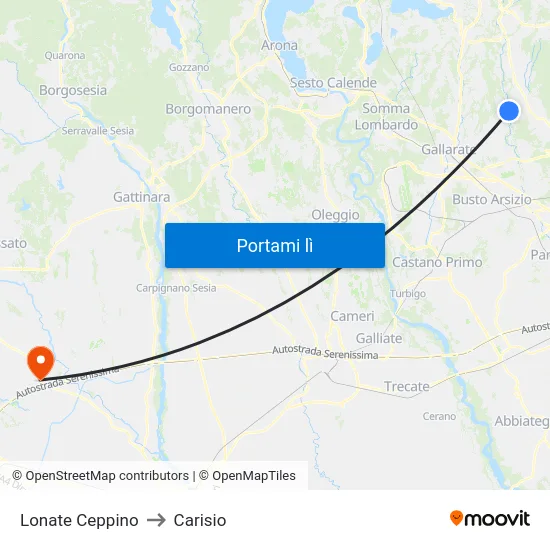 Lonate Ceppino to Carisio map