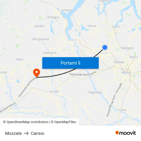 Mozzate to Carisio map
