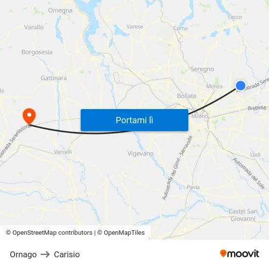 Ornago to Carisio map