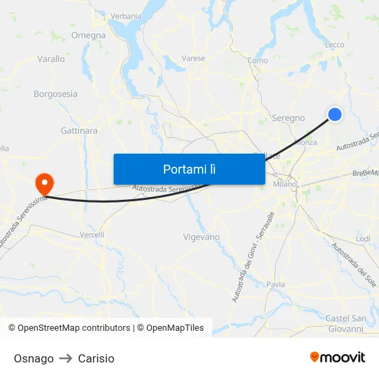 Osnago to Carisio map