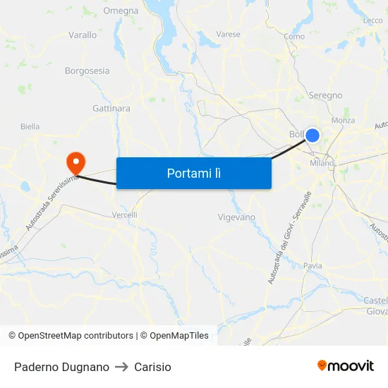 Paderno Dugnano to Carisio map