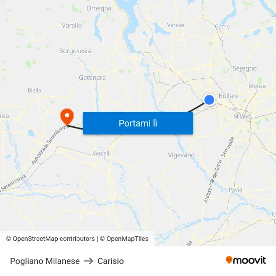 Pogliano Milanese to Carisio map