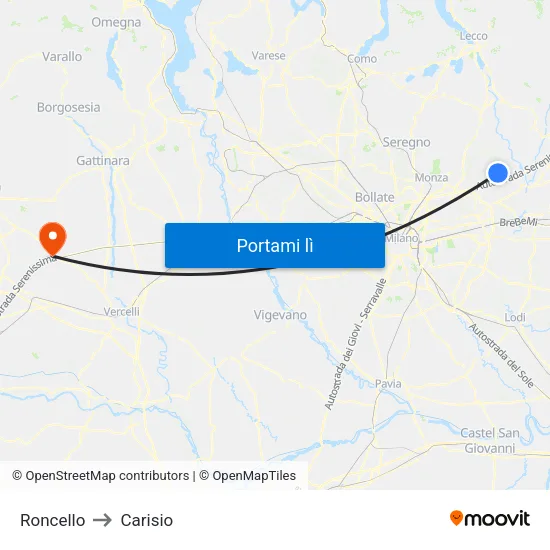 Roncello to Carisio map