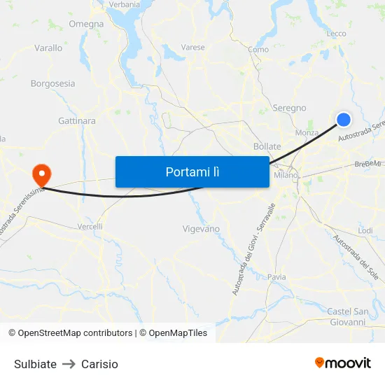 Sulbiate to Carisio map
