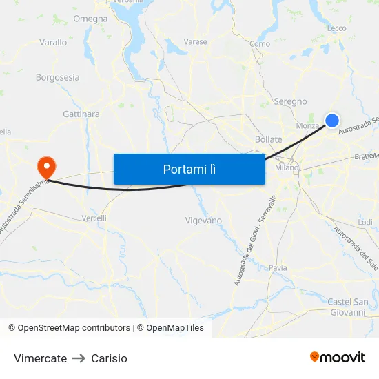 Vimercate to Carisio map