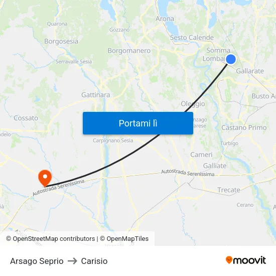 Arsago Seprio to Carisio map
