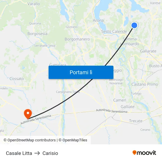 Casale Litta to Carisio map