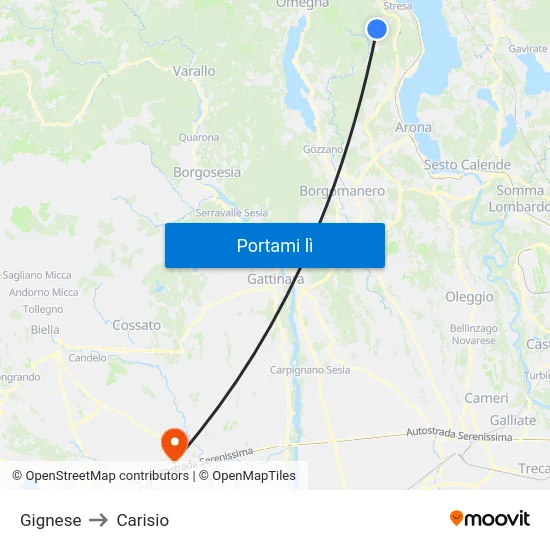 Gignese to Carisio map