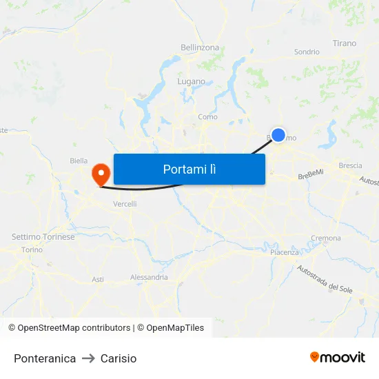 Ponteranica to Carisio map