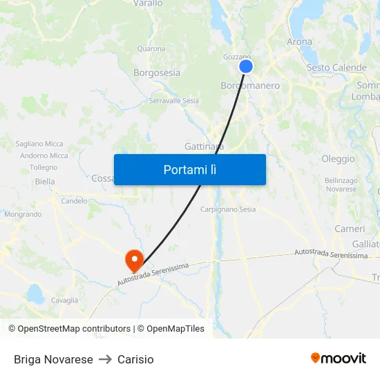 Briga Novarese to Carisio map