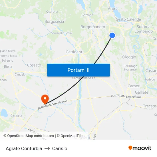 Agrate Conturbia to Carisio map