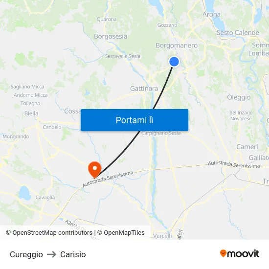 Cureggio to Carisio map