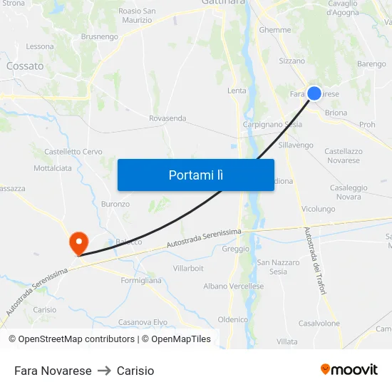 Fara Novarese to Carisio map