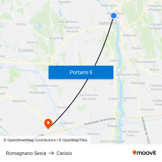 Romagnano Sesia to Carisio map