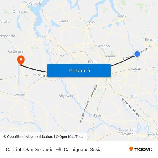 Capriate San Gervasio to Carpignano Sesia map
