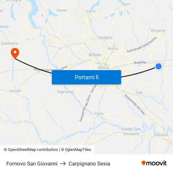 Fornovo San Giovanni to Carpignano Sesia map