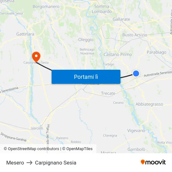Mesero to Carpignano Sesia map