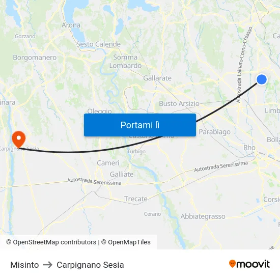 Misinto to Carpignano Sesia map