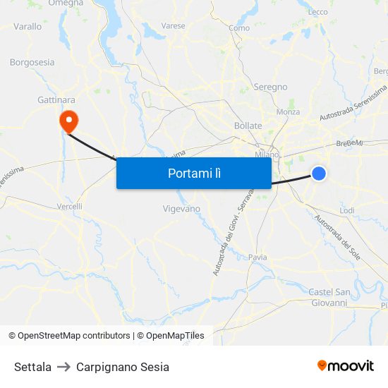 Settala to Carpignano Sesia map