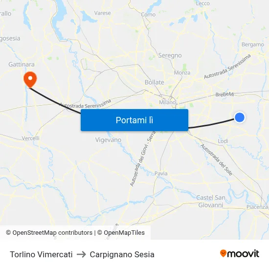 Torlino Vimercati to Carpignano Sesia map