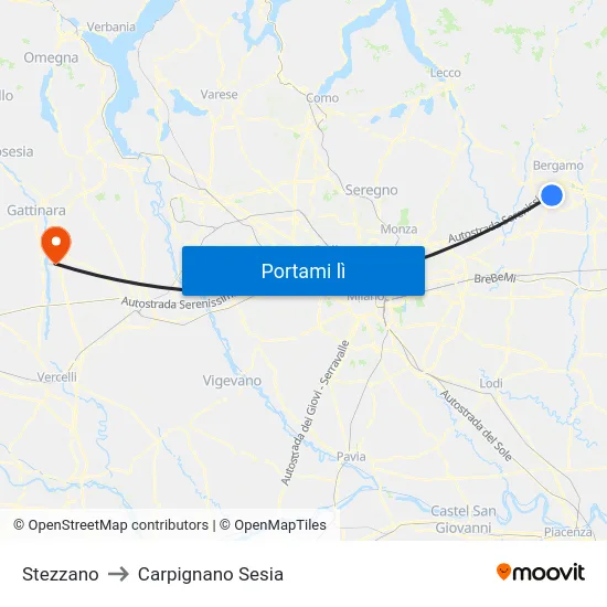 Stezzano to Carpignano Sesia map
