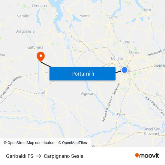 Garibaldi FS to Carpignano Sesia map