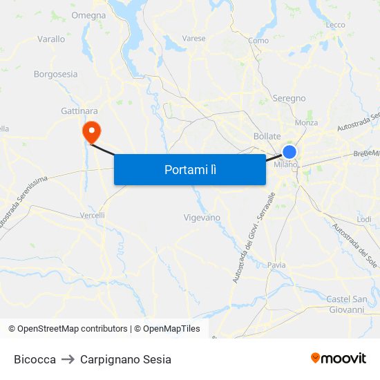 Bicocca to Carpignano Sesia map