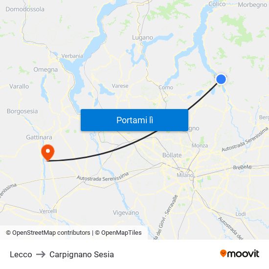 Lecco to Carpignano Sesia map