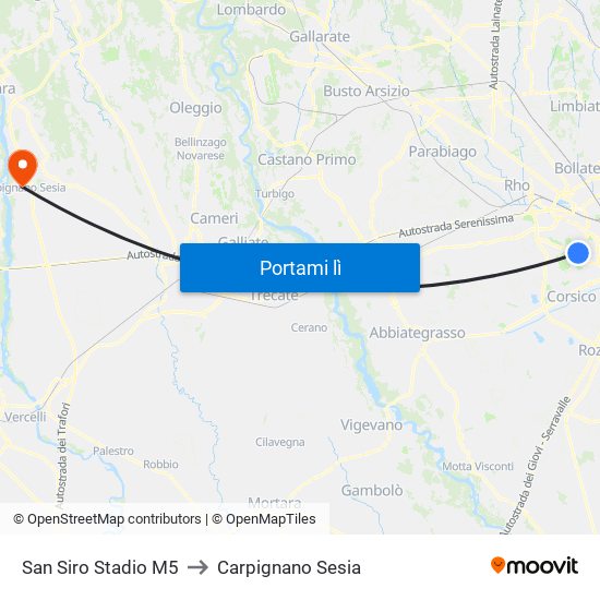 San Siro Stadio M5 to Carpignano Sesia map