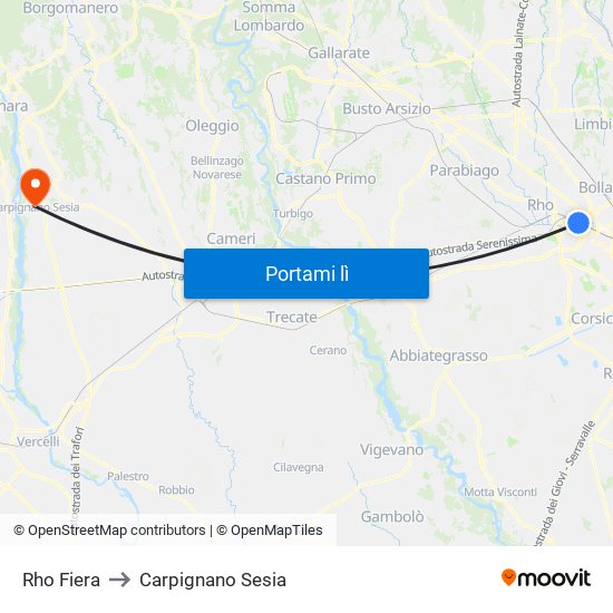 Rho Fiera to Carpignano Sesia map