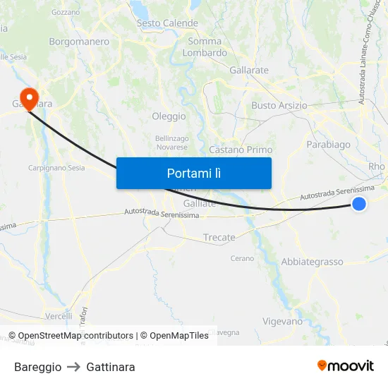 Bareggio to Gattinara map