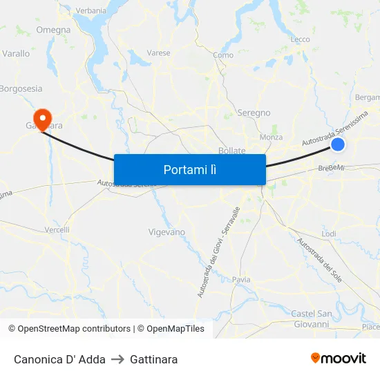 Canonica D' Adda to Gattinara map
