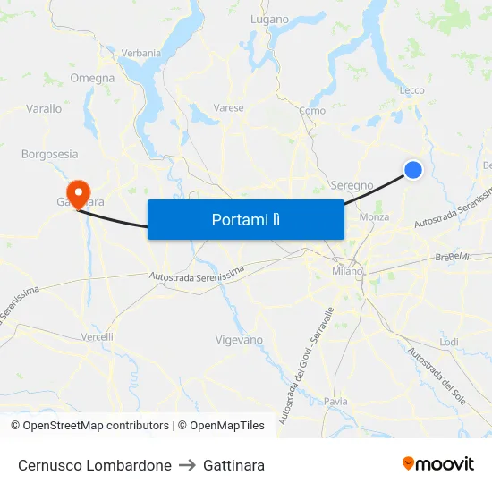 Cernusco Lombardone to Gattinara map