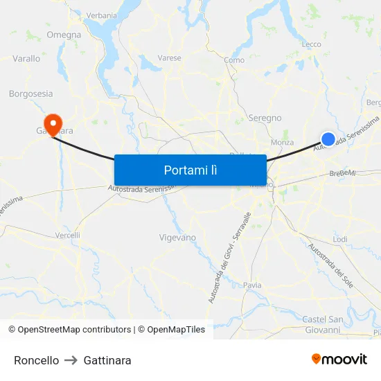 Roncello to Gattinara map