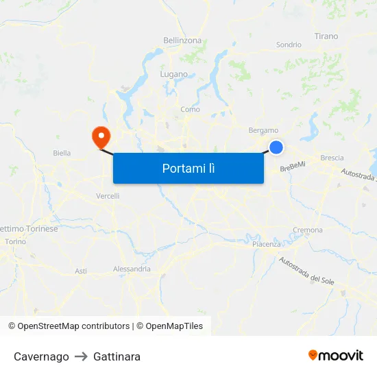 Cavernago to Gattinara map
