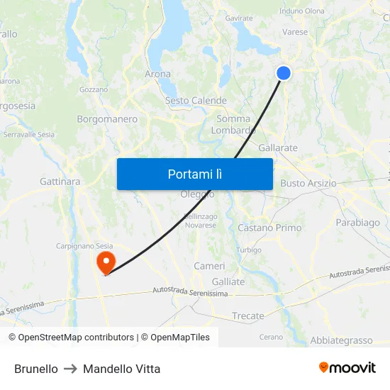 Brunello to Mandello Vitta map
