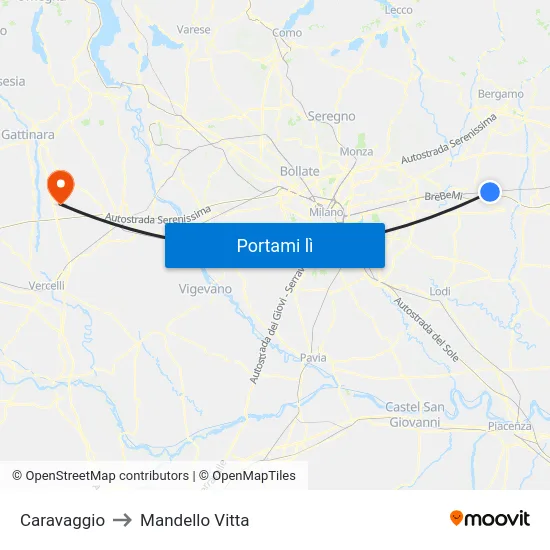 Caravaggio to Mandello Vitta map