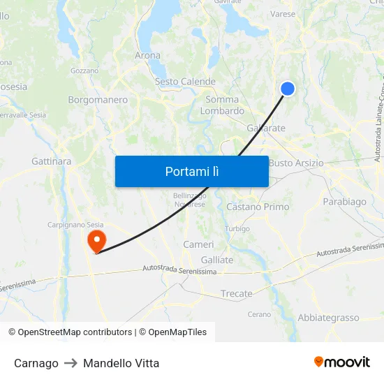 Carnago to Mandello Vitta map