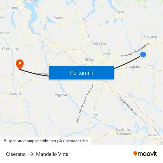 Ciserano to Mandello Vitta map