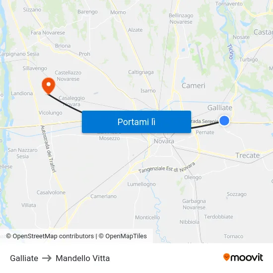 Galliate to Mandello Vitta map