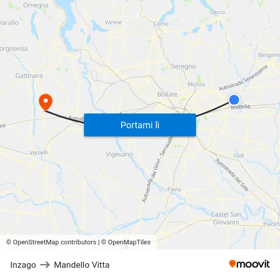 Inzago to Mandello Vitta map